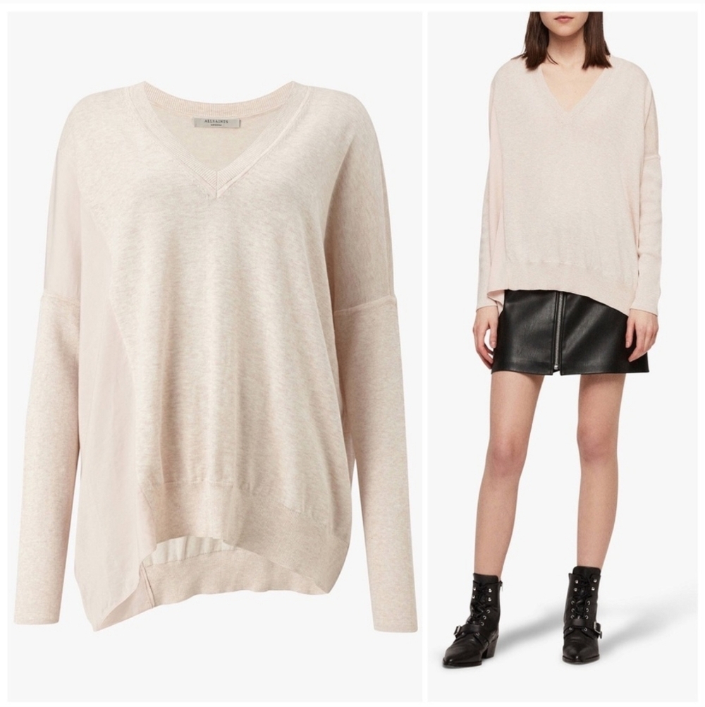 New Allsaints Alda Panel V-neck knit sweater Dusty Pink